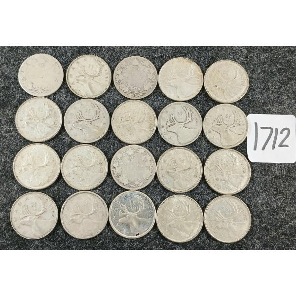 LOT OF 20 - 1916-1968 CDN 25 CENT COINS