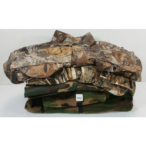 LOT OF 4 - CAMO JACKETS & SHIRTS - CABELA'S, WHITEWATER OUTDOORS, ETC