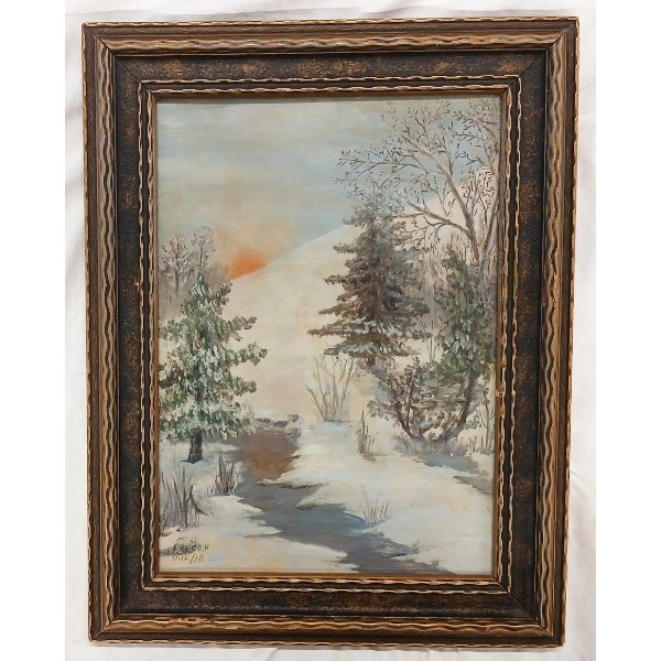 WINTER SUNSET BY E.p. KEOGH - FRAMED OIL ON CANVAS BOARD