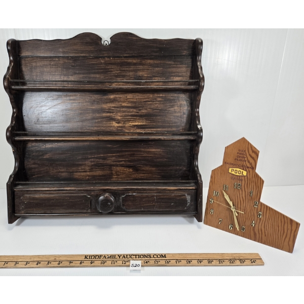 LOT OF 2 - WALL MOUNTED SPICE RACK & POOL FLOUR MANTLE CLOCK