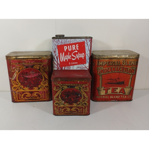 LOT OF 4 - MAPLE SYRUP & TEA TINS - INCL INDIAN & CEYLON IMPERIAL BLEND