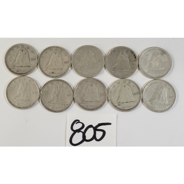 LOT OF 10 - 1947 CDN SILVER DIMES