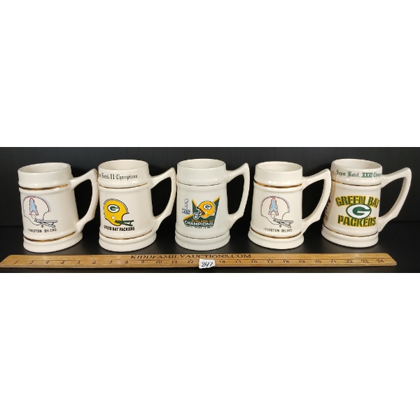 LOT OF 5 - NFL CERAMIC STEINS - HOUSTON OILERS & GREEN BAY PACKERS