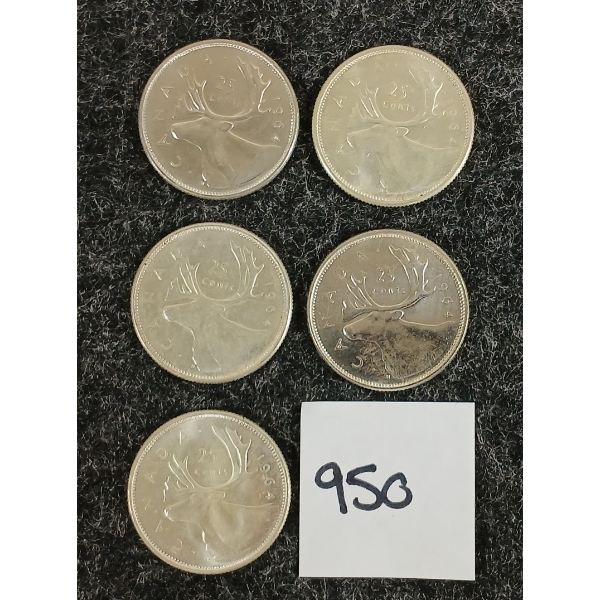 LOT OF 5 - 1964 CDN 25 CENT SILVER COINS