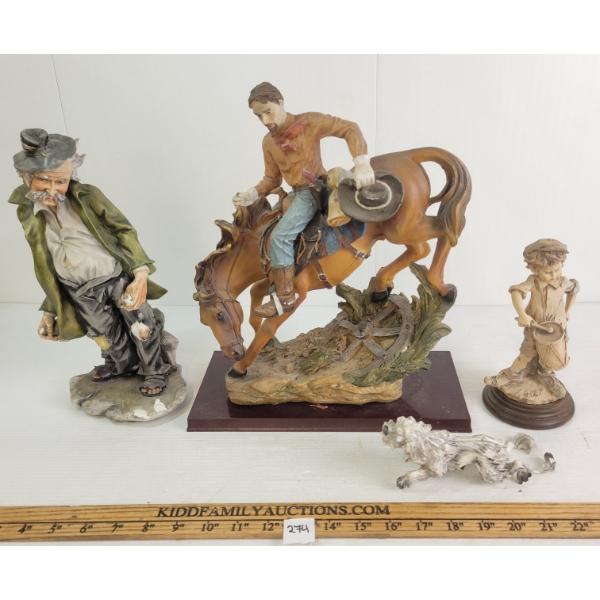LOT OF 3 - CLAY & CERAMIC FIGURINES - INCL CAPODIMONTE TRAMP, G. ARMANI DRUMMER BOY & BRONCO BUSTER