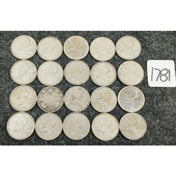 LOT OF 20 - 1920-1966 CDN 25 CENT COINS