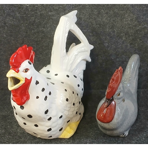 LOT OF 2 - BERGSHRUND ROOSTER TEAPOT & GREY ROOSTER - C. 1990