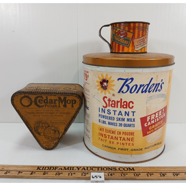 LOT OF 3 - MISC TINS - INCL BORDEN'S, O-CEDAR MOP & MINSTRATE MEASURING CUP