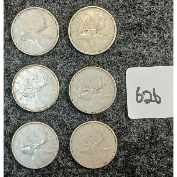 LOT OF 6 - 1957-1966 CDN 25 CENT COINS