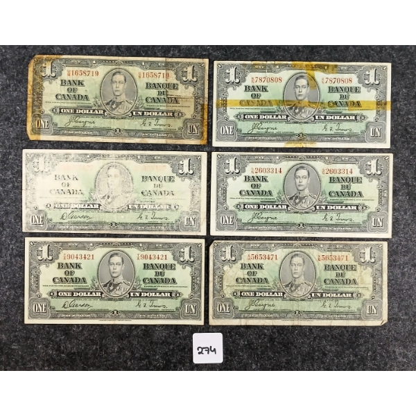 LOT OF 6 - 1937 CDN $1 BANKNOTES