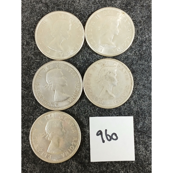 LOT OF 5 - 1961 CDN 50 CENT SILVER COINS