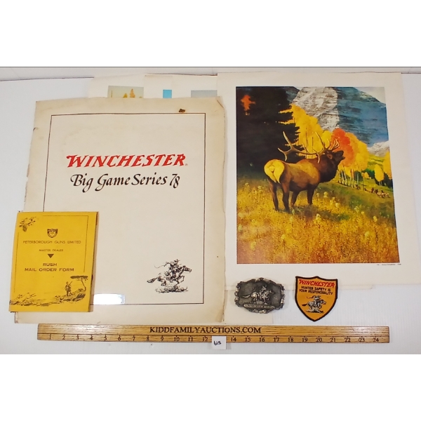 LOT OF 7 - WINCHESTER SEW-ON CLOTHING PATCH, BELT BUCKLE, PETERBOROUGH GUNS MAIL ORDER FORMS, ETC