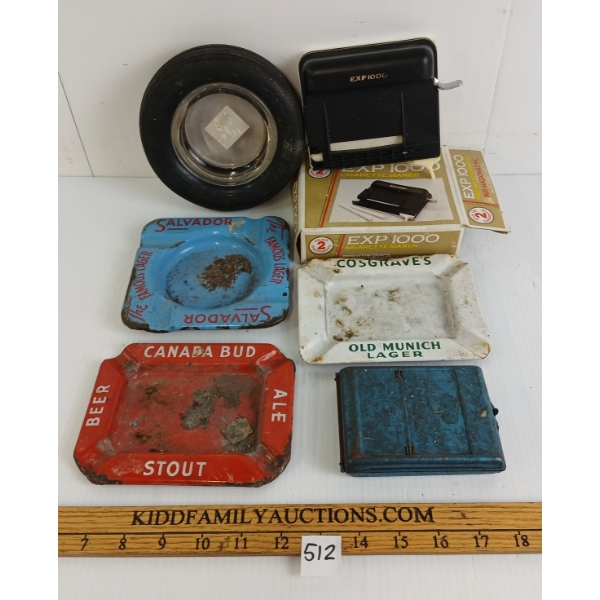 LOT OF 6 - EXP 1000 CIGARETTE MAKER, TOP CIGARETTE CASE & PORCELAIN ASHTRAYS