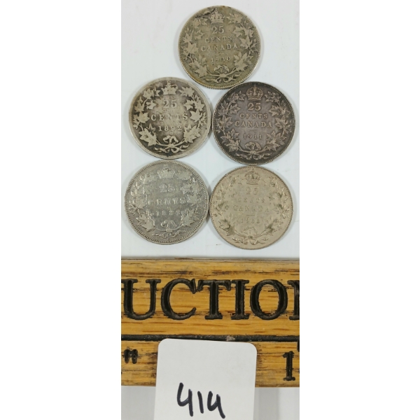 LOT OF 5 - 1882-1933 CDN SILVER 25 CENT COINS 