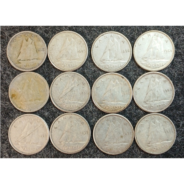 LOT OF 12 - 1946-1968 CDN 10 CENT COINS