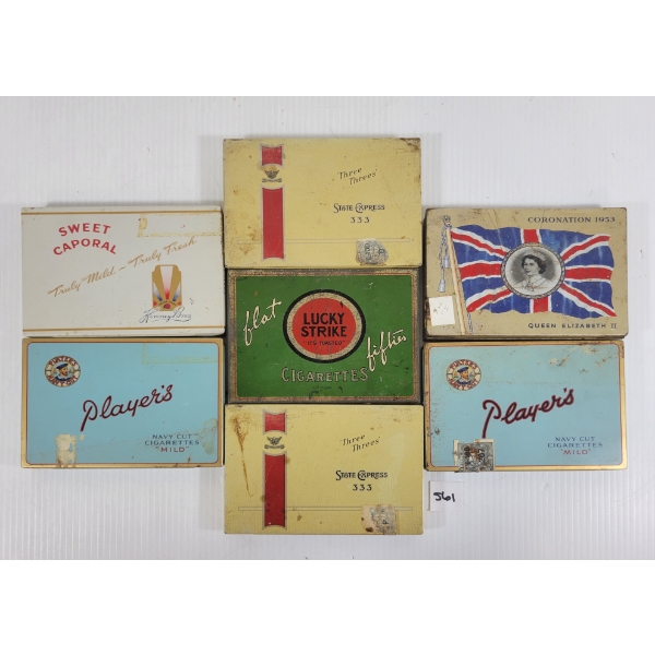 LOT OF 7 - FLAT CIGARETTE TINS - INCL SWEET CAPORAL, PLAYER'S & THREE THREES