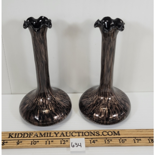 LOT OF 2 - NASON (?) BLACK GLASS COPPER AVENTURINE VASES