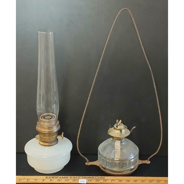 LOT OF 2 - ALADDIN MILK GLASS OIL LAMP & LAMPLIGHT FARMS HANGING OIL LAMO