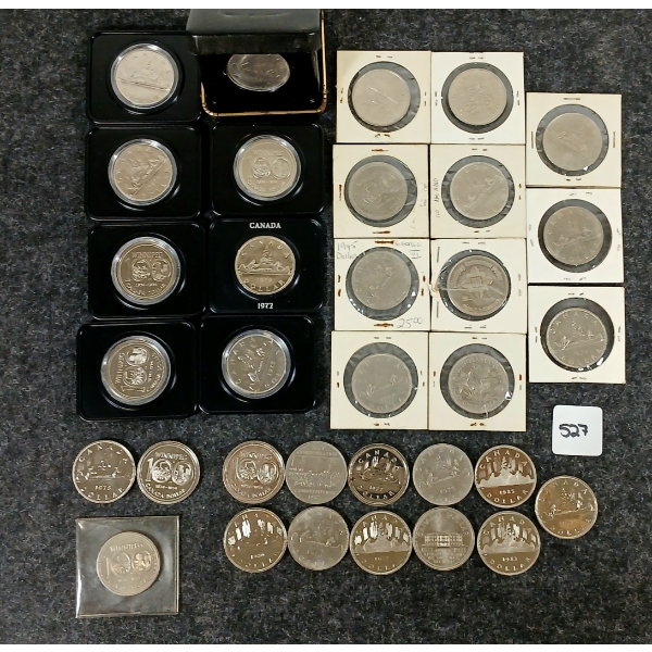 LOT OF 33 - 1968-1985 CDN DOLLAR COINS - VOYAGEUR, WINNIPEG, ETC