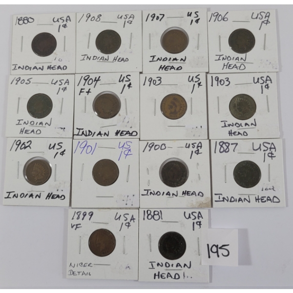 LOT OF 14 - U.S. INDIAN HEAD PENNIES - INCL 1880, 1881, 1887 & 1899