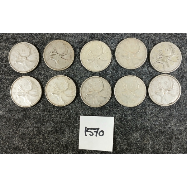 LOT OF 10 - 1943-1966 CDN 25 CENT SILVER COINS