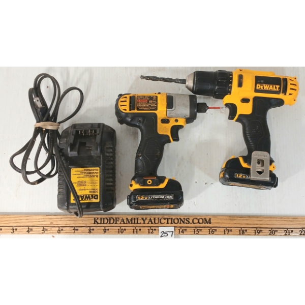 LOT OF 3 - DEWALT CORDLESS IMPACT & 3/8IN DRILL W/ BATTERIES & CHARGER