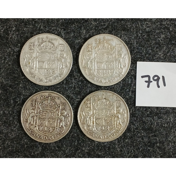 LOT OF 4 - 1950 CDN 50 CENT SILVER COINS