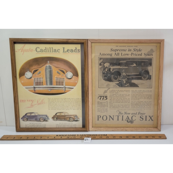 LOT OF 2 - PONTIAC SIX & CADILLAC LA SALLES FRAMED ADVERTISEMENTS