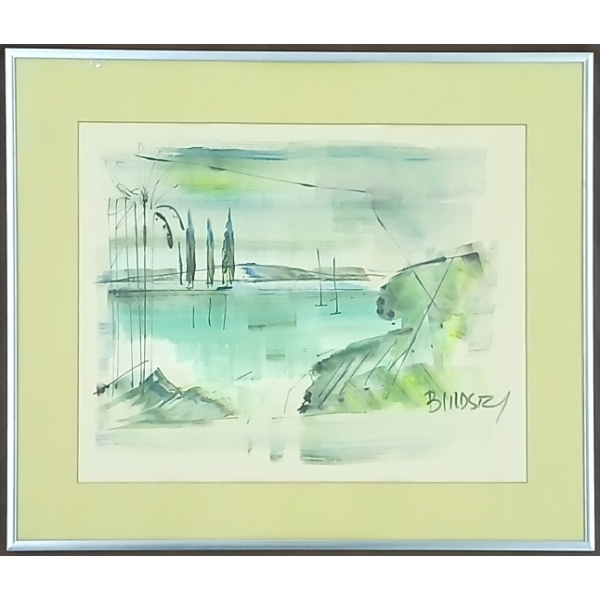 ABSTRACT BERMUDA LANDSCAPE BY ALFRED BIRDSEY (1912 - 1996) - FRAMED WATERCOLOUR ON PAPER
