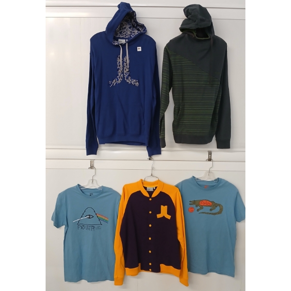 LOT OF 5 - MEN'S T-SHIRTS, HOODIES & BASEBALL JACKET - MFG POLER, WESC & RAGWEAR