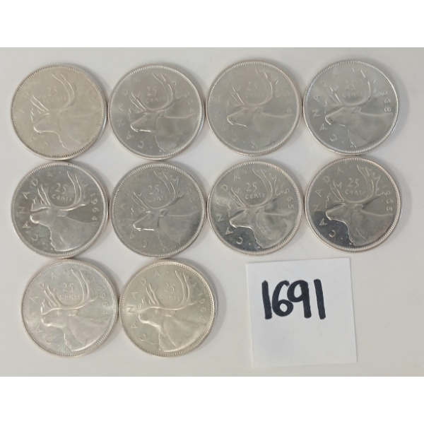 LOT OF 10 - 1964-1968 CDN 25 CENT SILVER COINS
