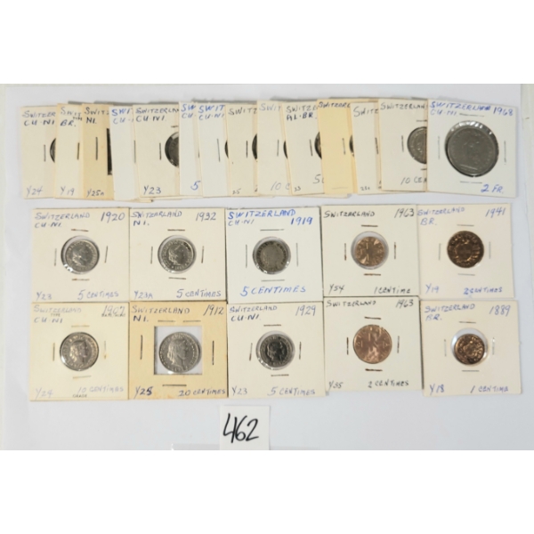 LOT OF 24 - 1884-1970 SWITZERLAND COINS - 1, 2, 5 CENTIMES, 2 FRANC, ETC
