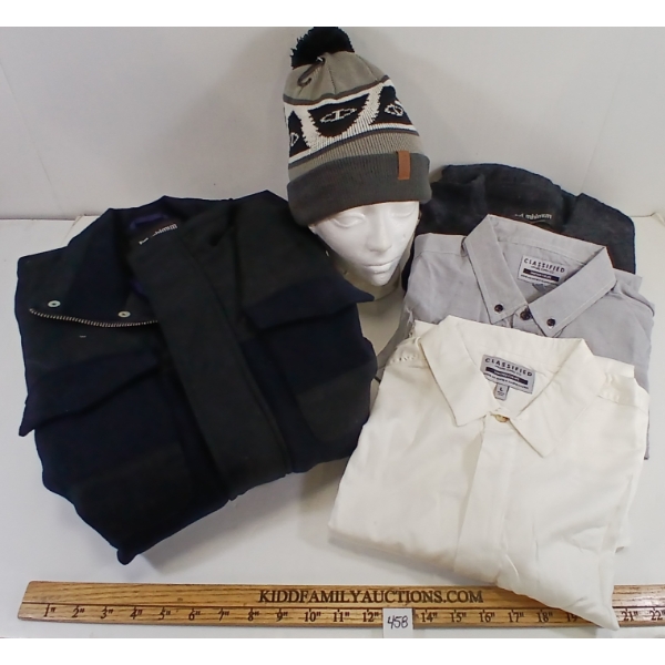 LOT OF 5 - MEN'S KNIT SWEATER, BUTTON-UP SHIRTS, JACKET & HAT - MFG CLASSIFIED, MINIMUM & POLER