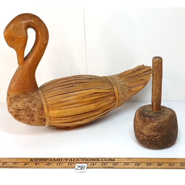 LOT OF 2 - DECORATIVE STRAW SWAN & PRIMITIVE MASHER - MID 20TH CENTURY