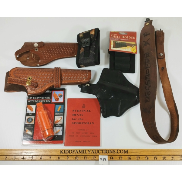 LOT OF 7 - LEATHER HOLSTERS, ALLEN SHOTGUN SHELL HOLDER, REMINGTON SLING, ETC
