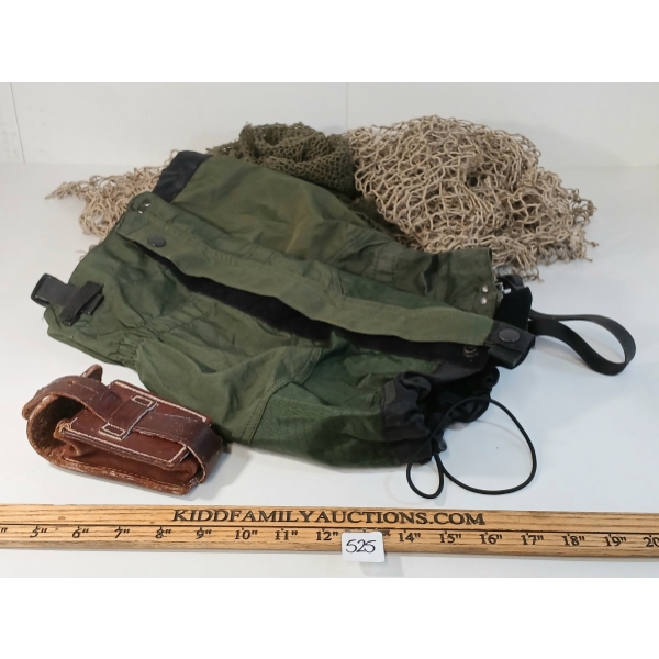 JOB LOT - WWII EUROPEAN LEATHER AMMO POUCH, BRITISH MILITARY GATERS & WWII NETTING