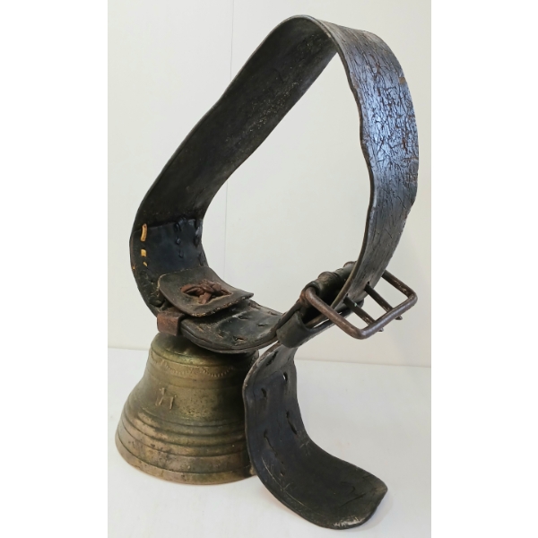 SWISS FARM DOG BELL W/ ORIGINAL LEATHER COLLAR