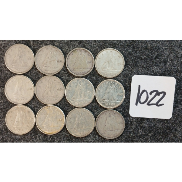 LOT OF 12 - 1942-1966 CDN 10 CENT COINS