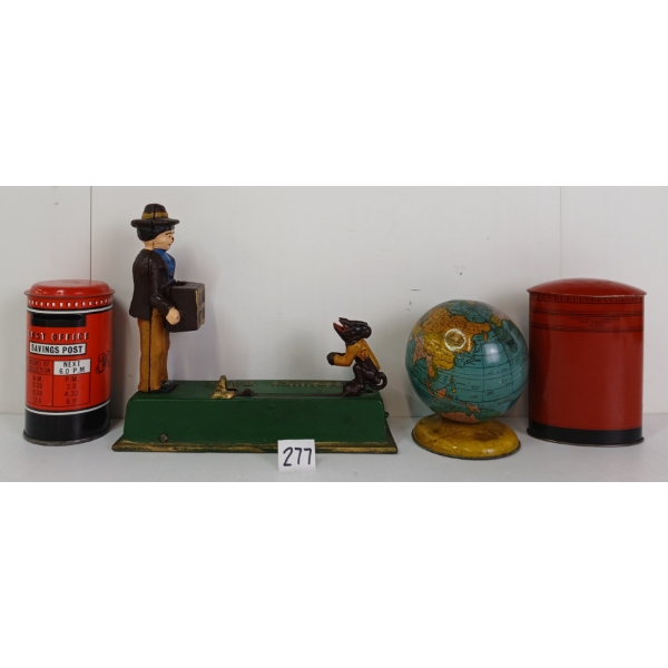 LOT OF 4 - CAST & TIN COIN BANKS - INCL MONKEY BANK, POST OFFICE & GLOBE
