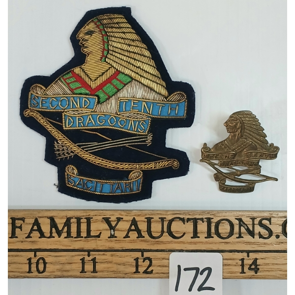 LOT OF 2 - SECOND TENTH DRAGOONS CAP BADGE & BLAZER CREST