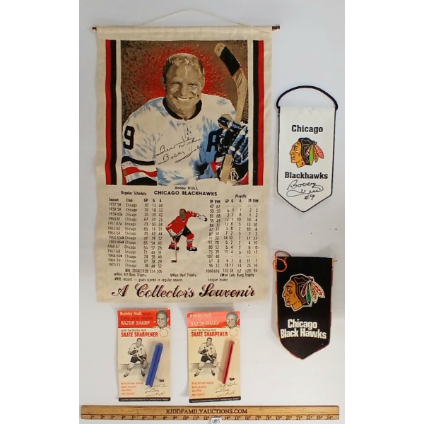 LOT OF 5 - CHICAGO BLACK HAWKS #9 BOBBY HULL COLLECTIBLES - SKATE SHARPENER & AUTOGRAPHED ITEMS