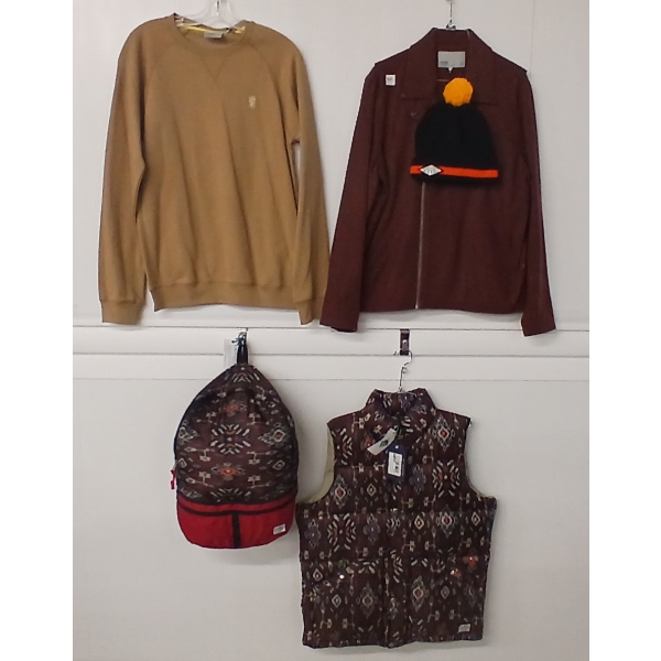 LOT OF 5 - MEN'S MEDIUM JACKET, SHIRTS, HAT, PACK & VEST - FT WESC, PENFIELD, ETC 