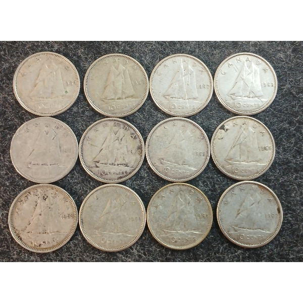 LOT OF 12 - 1941-1966 CDN 10 CENT COINS