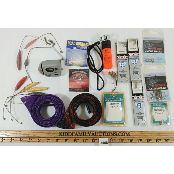QTY OF FISHING GEAR - FLOATING SAFE, HOOKS, LURES, ETC