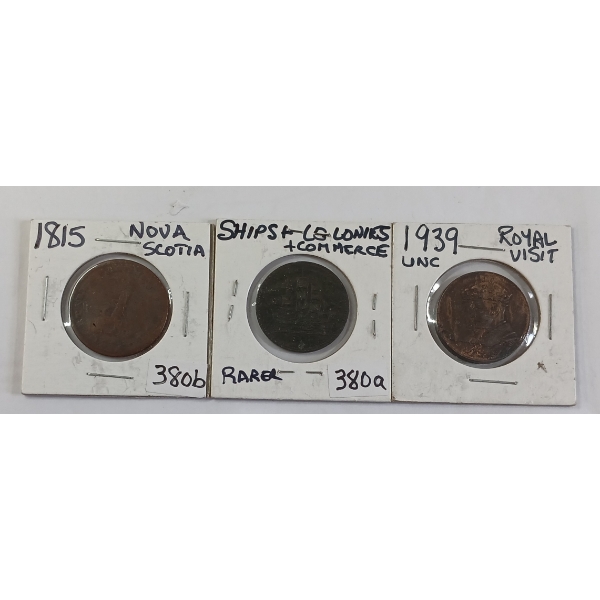 LOT OF 3 - 1815 & 1939 NOVA SCOTIA LARGE CENT, ROYAL VISIT & SHIPS & COLONIES COINS