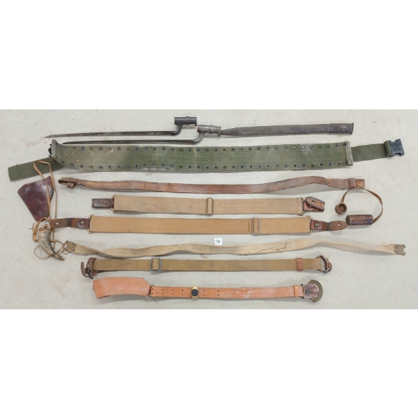 JOB LOT - MISC WEB GEAR, POWDER HORN, SCABBARD, SOCKET BAYONETS, ETC