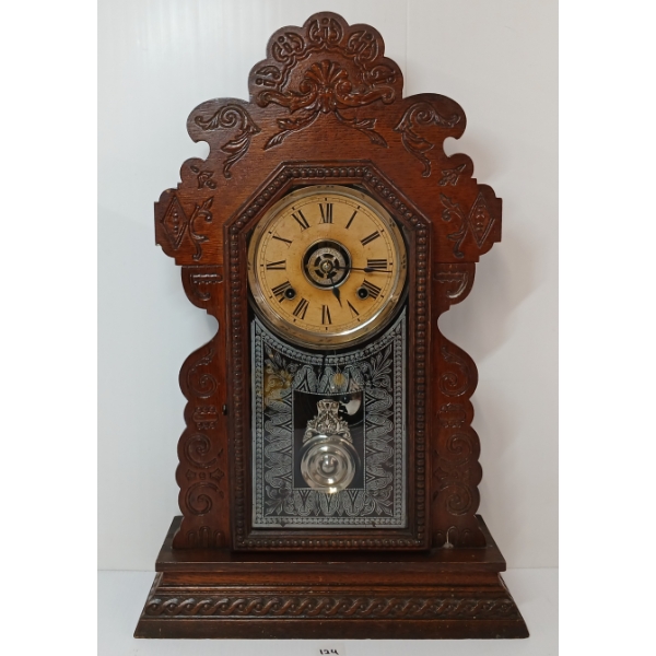 1879 ANSONIA OAK GINGERBREAD 8 DAY CLOCK