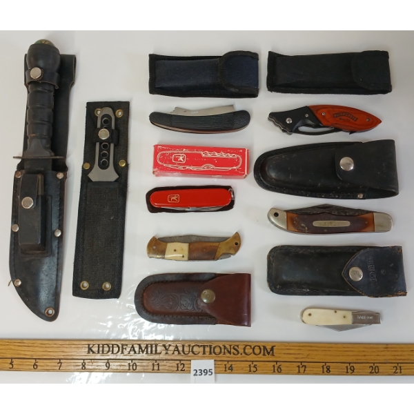 LOT OF 8 - THROWING KNIFE, SURVIVAL KNIFE & FOLDING KNIVES W/ SHEATHS