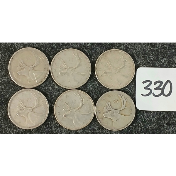 LOT OF 6 - 1952-1964 CDN 25 CENT COINS