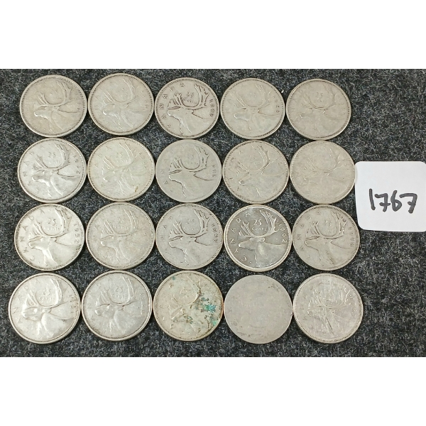 LOT OF 20 - 1941-1964 CDN SILVER 25 CENT COINS
